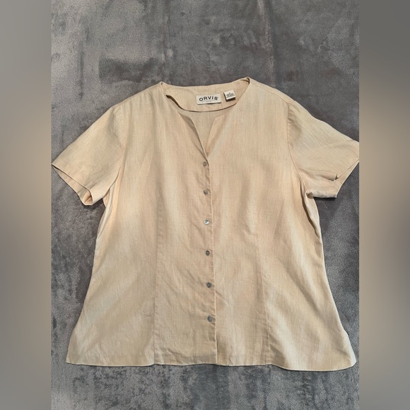 Orvis Shirt Women’s 14 Beige Performance Linen Short Sleeve V-Neck - Picture 1 of 10